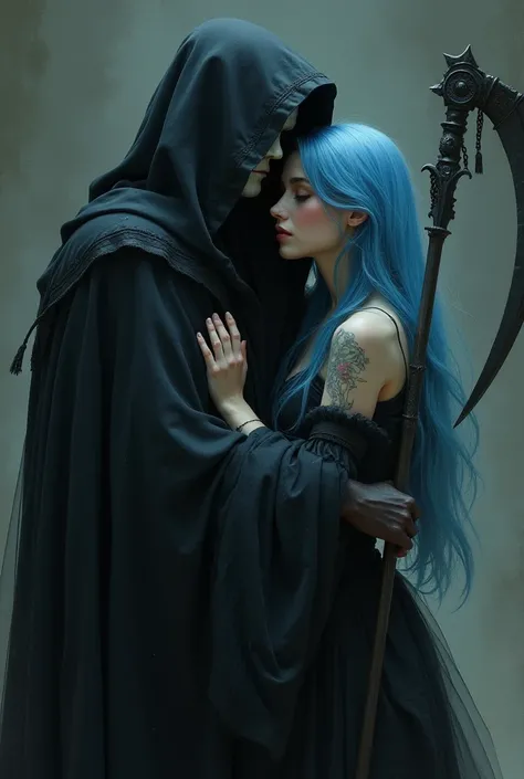 A 24-year-old woman with long blue hair hugs a grim reaper