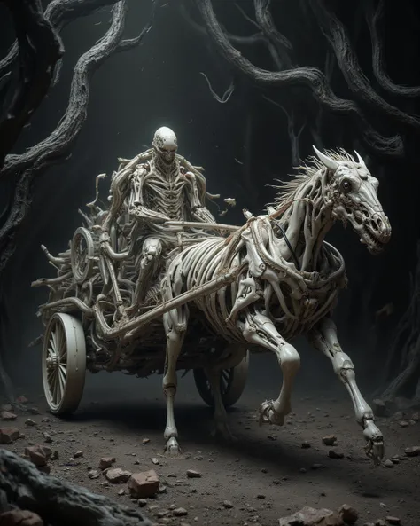 “Giger/gore style hyperrealistic photography. A grotesque chariot made of bone and chitin, with pulsating organic veins and repulsive biomechanical details, is pulled by biomechanical equine creatures, their bodies transformed into chitinous, bony structur...