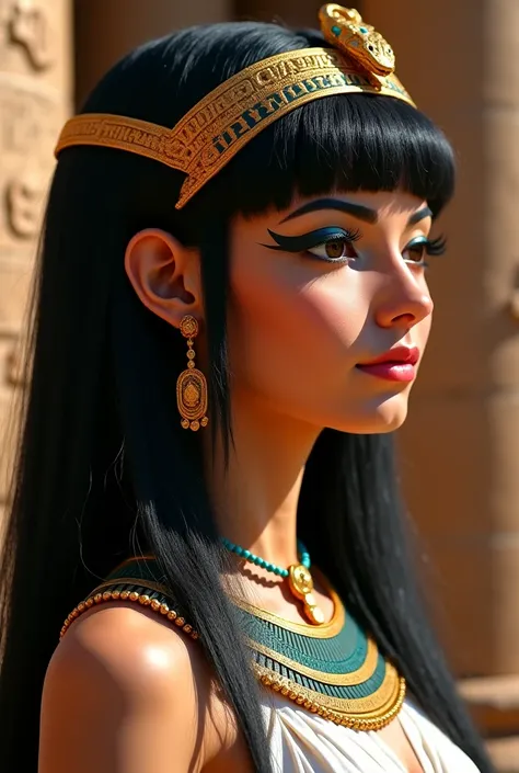 photorealistic portrait of Queen Nefertari, ancient egyptian beauty standards,black hair,straight bangs,HIME cut, ornate golden headdress with cobra motif, detailed kohl eye makeup, traditional egyptian jewelry and collar, smooth olive complexion, defined ...