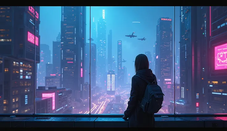 ((( Futuristic cyberpunk photograph :1.4)))  you are contemplating the immensity of a large futuristic digital city, from a skyscraper . The digital futuristic city ,  is beautiful with cyberpunk blue and purple lighting .  High-tech environment with fragm...