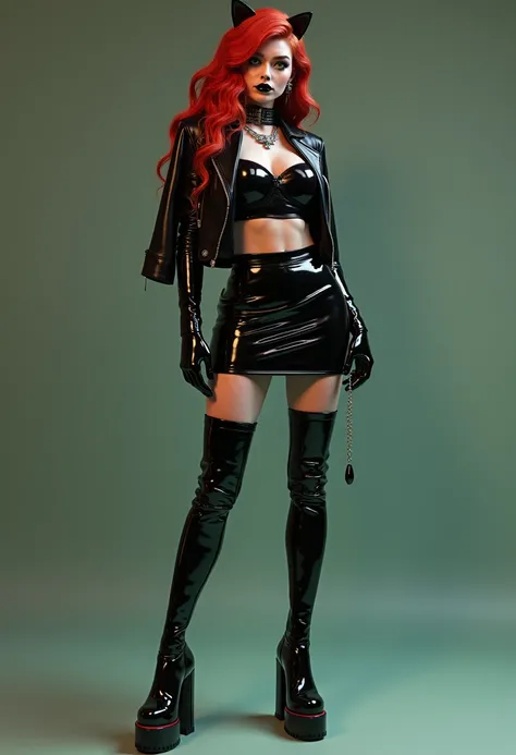  full length girl, dominatrix in latex , latex minimalism high waist skirt ,  boots above the knee ,  high-heeled boots with thick heels and high platform soles,  tight latex top ,  cropped latex biker jacket,  red hair,  green eyes, cat makeup ,  black li...