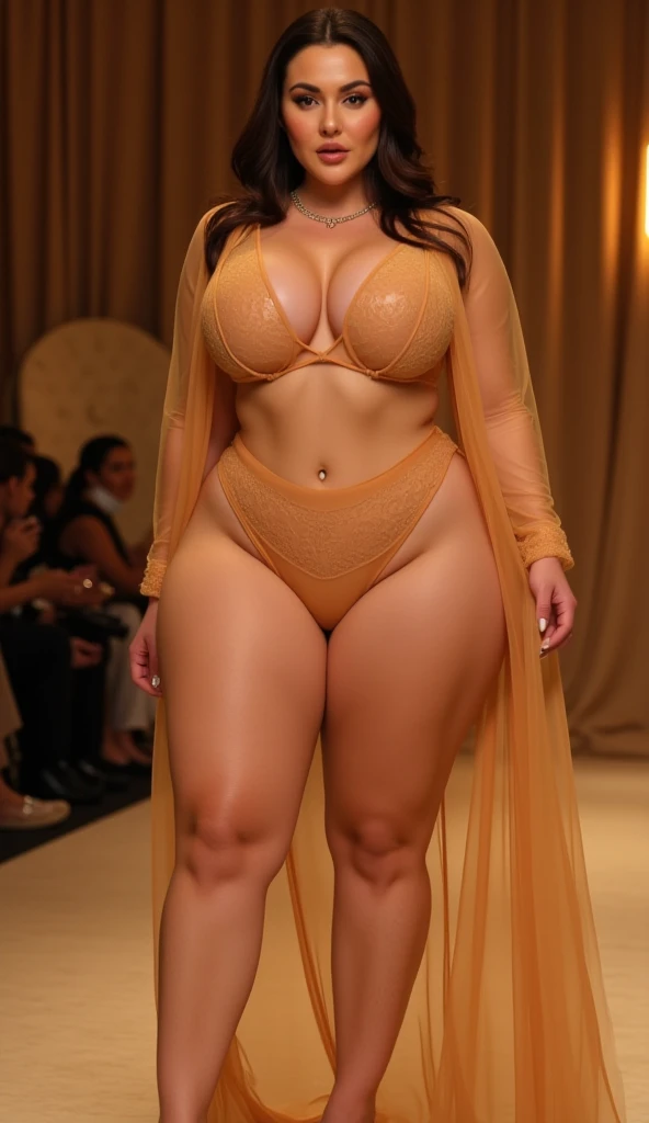 A female model with a puffy figure, featuring large puffy ass parted breasts, a voluptuous derrière, and wide large hips. bold parted ass , transparent light sheer color fancy gown with full wet no bra and panty, bold transparent gown that highlights the m...