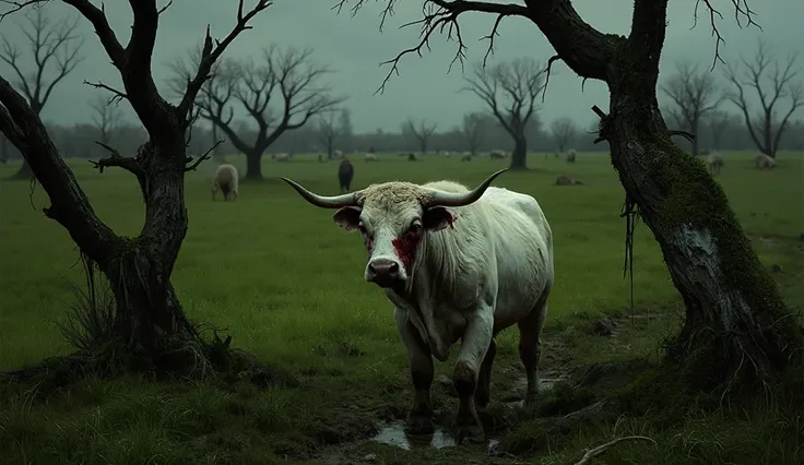 a realistic image of a green field with broken trees in the background, some holes in the ground, and a completely white bull with patches of dirt on face and blood on the horns among the broken trees. It's late afternoon.