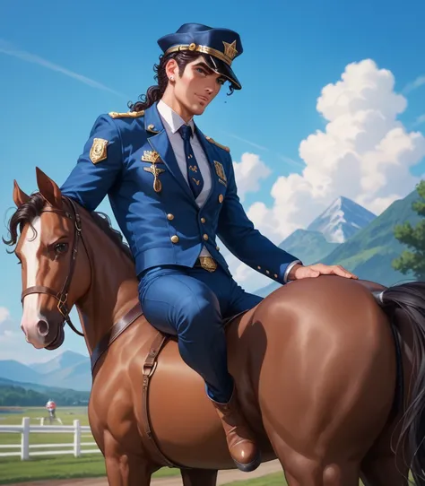 Jotaro riding a horse, Old West,  good quality , realistic, steel ball run,