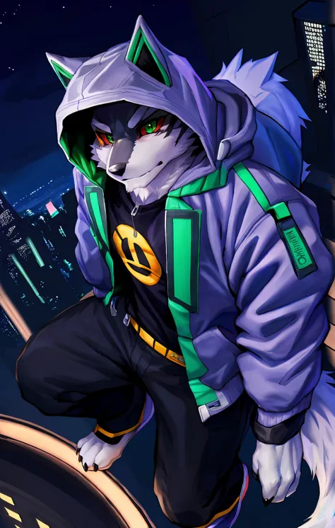 Single-mass, furry, eyes, individual focus, Lobo, tail, by kiyosan,  by yupa , by Pino Daeni, (por null-ghost:0.8), (por drks:0.2),  white hooded jacket , hood up, pants, detailed eyes, black pupils,  green eyes,  red sclera , ( yellow eye shadow:0.8),  ci...