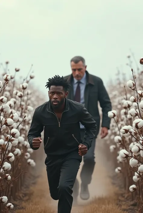 Black man running away from aleksandae vucic serbian president in a cotton field
