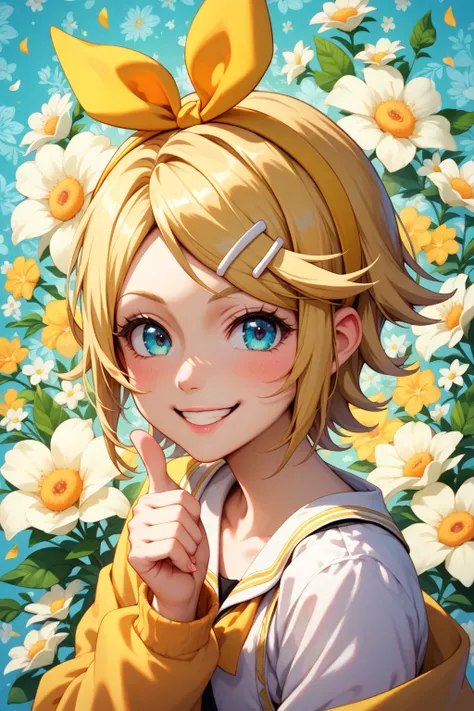 Kagamine Len,femalise, smile, blush, whole body, Floral Background,Masterpiece,big chests,yandere,thumbs up,