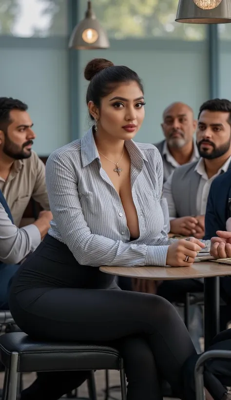 woman sitting in chair with a group of men, hot indian tall brown skin thick body curvy physique milf with small black dot bindhi between her eyebrow, silky pulled back twisted hairbun, big hip, big ass, thick thighs, woman wearing formal desgin stripes sh...