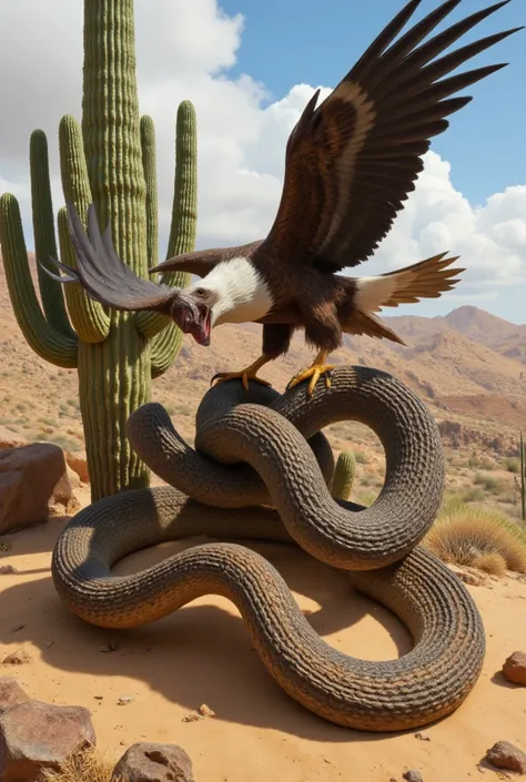 an eagle pecking at the head of a snake that it has captured with its claw on top of a cactus in a desert realistic image