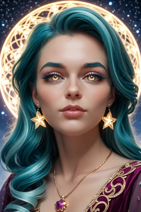 A close-up of the Sorceress' enigmatic eyes, swirling with intricate celestial patterns of galaxies, stars, and nebulas, their glowing light casting delicate highlights on her brows and lashes. The chiaroscuro style heightens the drama, with intense shadow...