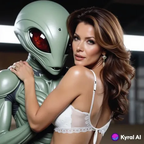 A beautiful woman with a striking resemblance to actress Kristian Alfonso is wearing a sexy white lace bra and is in a romantic embrace with an alien. High Resolution, Brown Hair, Long Hair, Best Quality, Detail, HD, Accurate, Simple background, Cinematic