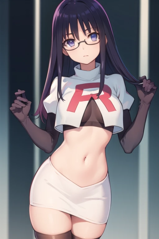 miifujibakama, mii fujibakama, long hair, black hair, (purple eyes:1.1), glasses,
BREAK team rocket,team rocket uniform,white skirt,red letter R,crop top,black thigh-highs,black elbow gloves,
BREAK looking at viewer, cowboy shot,
BREAK (masterpiece:1.2), b...