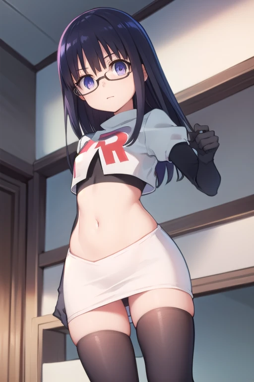 miifujibakama, mii fujibakama, long hair, black hair, (purple eyes:1.1), glasses,
BREAK team rocket,team rocket uniform,white skirt,red letter R,crop top,black thigh-highs,black elbow gloves,
BREAK looking at viewer, cowboy shot,
BREAK (masterpiece:1.2), b...