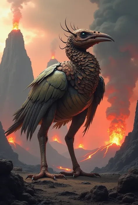 Make a crab headed bird with 5 legs in the middle of a volcanic area with 6 volcanoes 