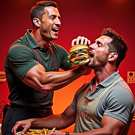 Cristiano Ronaldo, Lionel Messi serving burgers, realistic photo 