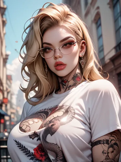 Gothic blonde girl, 19 years old, plump lips, piercings, 170 centimeters tall, red eyes, tattoos on the body, third size tits, perfect figure, square glasses, parts, voluptuous figure and metal band t-shirt