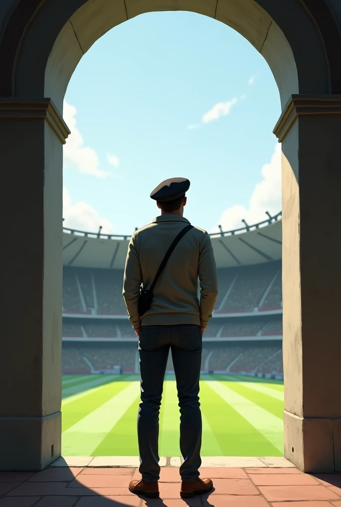 A man in the stadium in the archway facing the field is wearing a bereta man in the stadium in the archway facing the field is wearing a beret