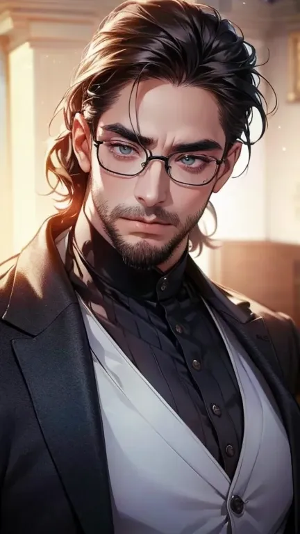 (  best quality,4K,8k,  highres,  masterpiece :1.2),  ultra-detailed  ,(realistic,photorealistic,photo-realistic:1.37),36-year-old man,3 day beard,Beautiful anime,Portraits,strong,Masculine,  with dark hair  ,sharp jaw,   mesmerizing eyes   ,  perfectly co...