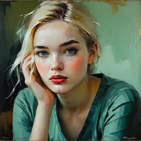  Create an evocative oil painting inspired by Malcolm Liepke,  based on the provided image . Capture the intense , introspective expression of the young subject using thick ,  expressive brushstrokes and a muted color palette .  Highlight the emotional dep...