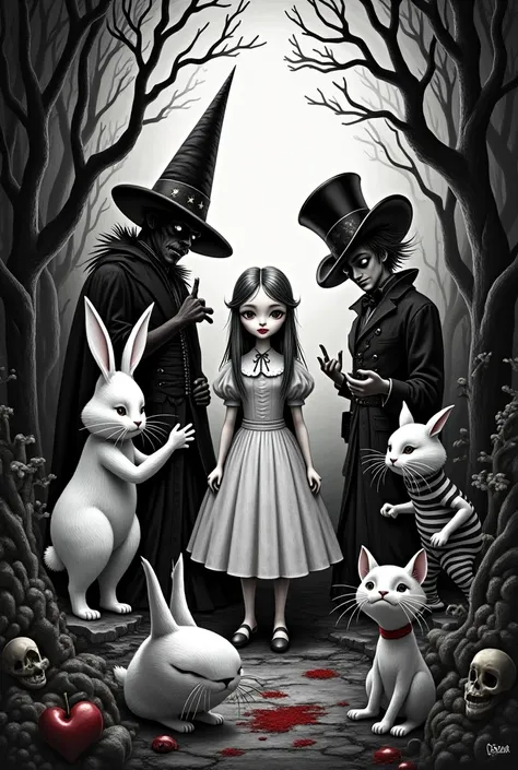 Make an image of Alice in Wonderland by placing all the characters in the work in a Gothic style that looks like the cover of a black and white book and 