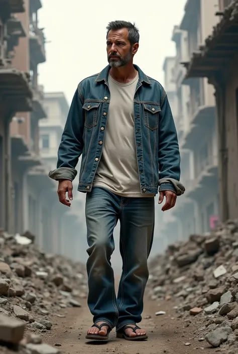 Man Wearing Levis Jacket White T-Shirt Jeans Wearing Flip-Flops Walking Gaza City Devastated War Explosion