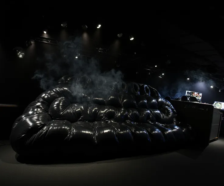 Full panoramic view of scene from below, RAW amateur selfie photo, high resolution, huge inflated sofa made of shiny black rubber, the texture of the sofa is very shiny and wet detailed, inside a room illuminated from below with a black Neon powerful, conc...