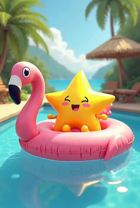 A yellow star vacationing in the pool ,  above a pink flamingo float sunbathing 