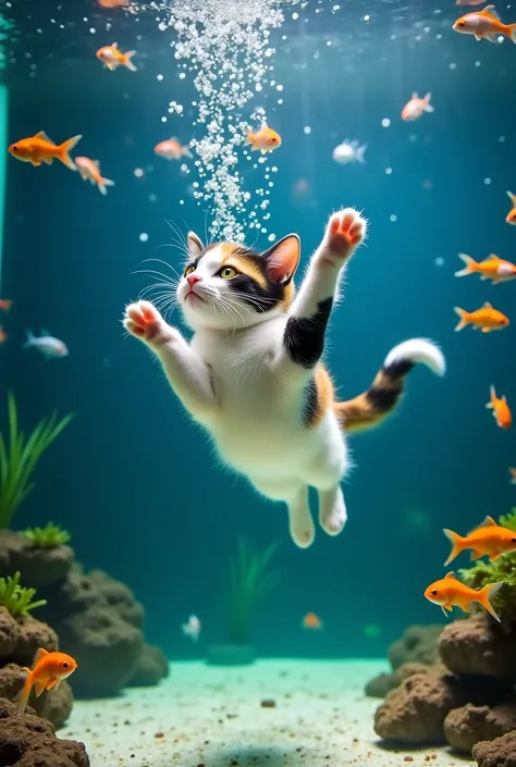 A playful calico cat with white, black, and orange fur is diving underwater inside a large, crystal-clear aquarium. The cat's paws are stretched forward, trying to catch colorful tropical fish (neon tetras, goldfish) swimming around it. Bubbles float upwar...