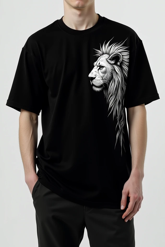  Create a black shirt , with white design on the edges similar to a mane