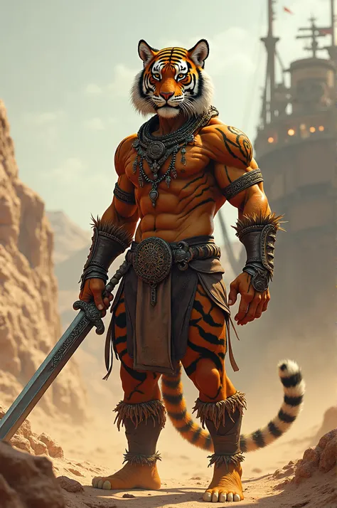 muscular humanoid tiger warrior stands confidently in a desert setting, brandishing a sword. He has a fierce expression and is adorned with tribal armor and jewelry. In the background, a partially visible ship looms. The image includes text overlays regard...