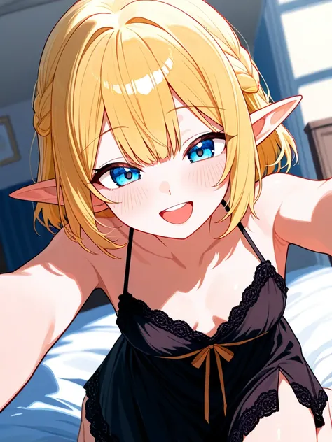 cute blonde elf girl wife. Small breasts, happy, very willing. She's posing on the bed in a sexy black nightdress