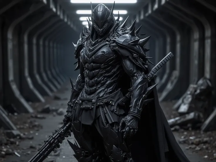 Male,knight, black devil armour, black helmet,black background,katana,spikes,one person,destroyed armour, shotgun on the belt,chains on armour, darkness,in dark subway tunnel