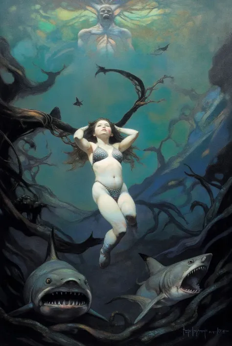 romanticism art by Jean-Léon Gérôme and Conrad Roset, Painting,a beautiful girl underwater, (she is Surrounded by sharks),mermaid, (nude_in the ocean, 12yo, ((she shows her boobs)),(nude) cute pose, ),(fish-net bra)), singularity black rivers ripple their ...