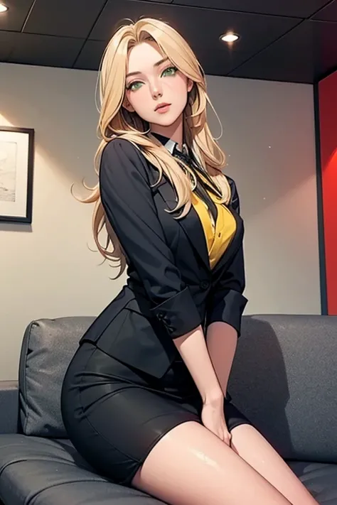 A young German woman businesswoman CEO .  thin body .  Long hair and hairstyle in the color blonde.  green eyes.  Business office setting with a German flag on the living room wall, Current German flag red , black and yellow. she is posing.  Her expression...