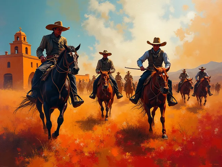 A fascinating abstract expressionist style painting that captures the intense passion of rustlers stealing cattle from a Mexican hacienda. The figures are rendered with bold, gestural brush strokes, creating a sense of pure energy and movement. Vibrant spl...