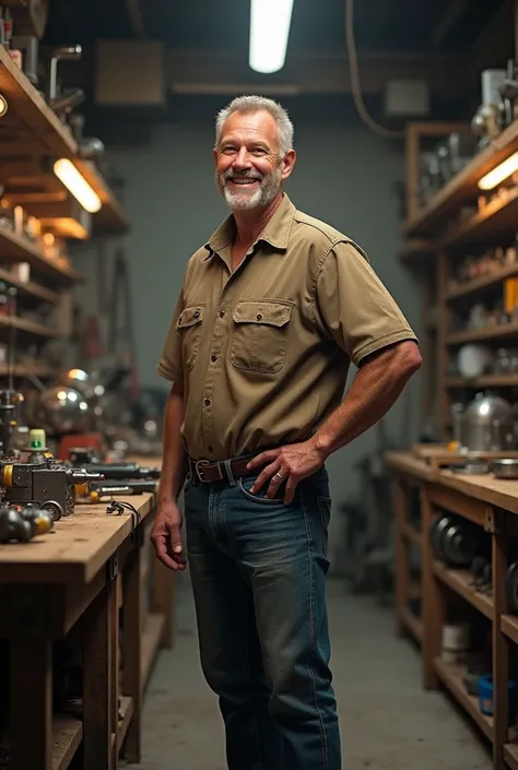 Technical man in his tool shop standing on his side smiling