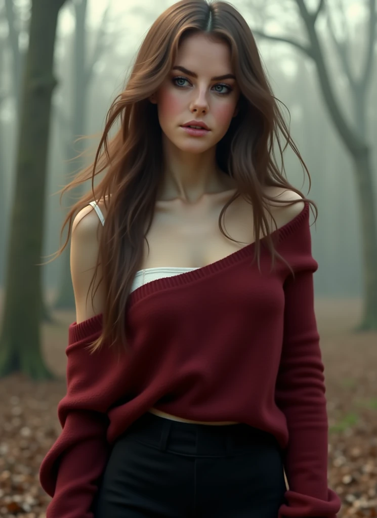 Girl with long wavy brunette hair, medium bust size, petite body, wearing oversized dark red jumper with shoulders exposed and a black skirt