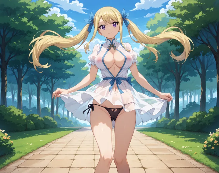 a beautiful girl ,lucy heartfilia ,((big breasts:1.3)), purple eyes,twin tails hair, swept bangs,pink transparent mini dress,see through, (full body), black thong ,(show panties:1.3), (panty shot:1.3),cameltoe, ((Front-opening dress)), cleavage,covered nip...