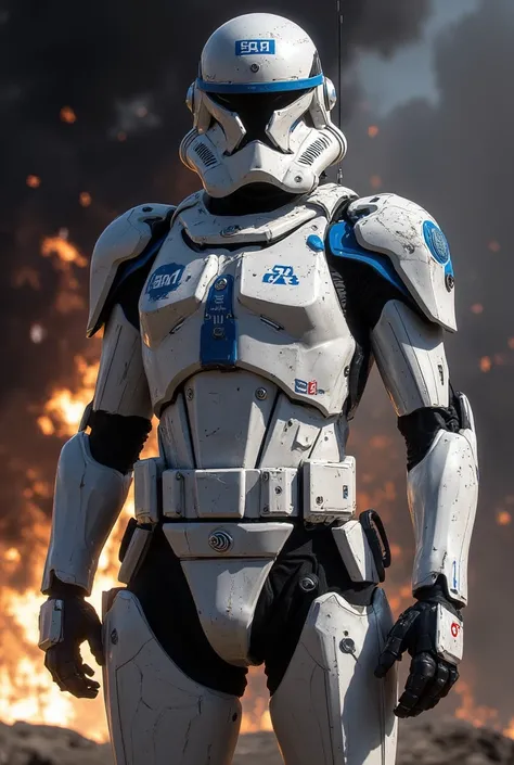 501st elite battalion, star wars, white and blue armor, fire in the background, armor has the word "501st" on it, one soldier in the forefront pointing at the viewer