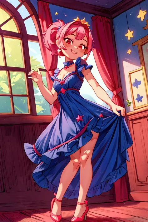 (masterpiece, best quality) standing, indoor, intricate detail, sunlight, dark blue navi frill dress, red heels, pink short hair with a high ponytail, smile face, red eyes, cute stars diadema, smiley and sexy expression, sexy pose, coquette, gorgeous legs,...