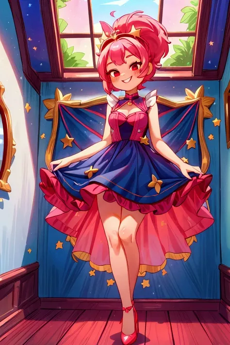 (masterpiece, best quality) standing, indoor, intricate detail, sunlight, dark blue navi frill dress, red heels, pink short hair with a high ponytail, smile face, red eyes, cute stars diadema, smiley and sexy expression, sexy pose, coquette, gorgeous legs,...