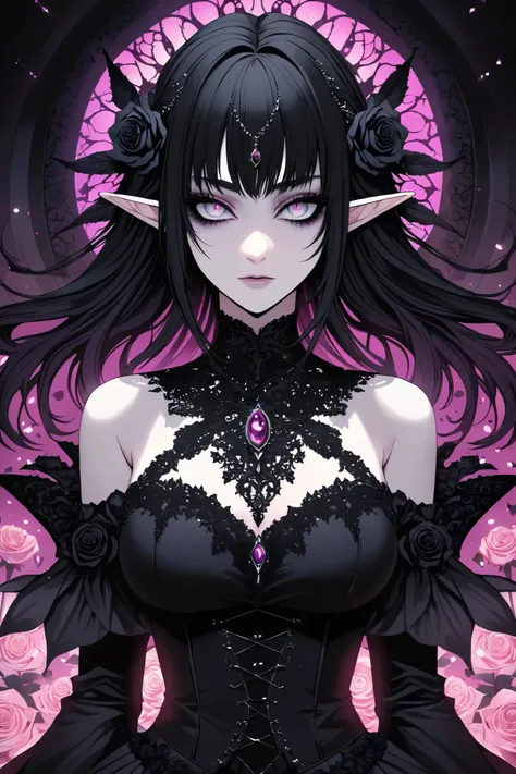 anime Elf girl, black hair, gothic style, roses in hair,dark black eyelashes ,pale eyes, digital illustration, comic style, gothic renaissance, centered, approaching perfection, dynamic, highly detailed, masterpiece, glitter , well lit,  pastel goth