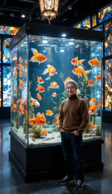 A fantastic goldfish art exhibition。In the center is a beautiful square aquarium、Goldfish are swimming gracefully in the exhibition。 The surroundings of the aquarium are surrounded by bright lighting and geometric stained-glass-like designs.、Colorful light...