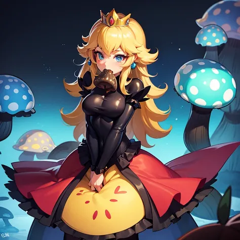 Princess peach in a gimp suit head showing with mushroom in her mouth ice fire background