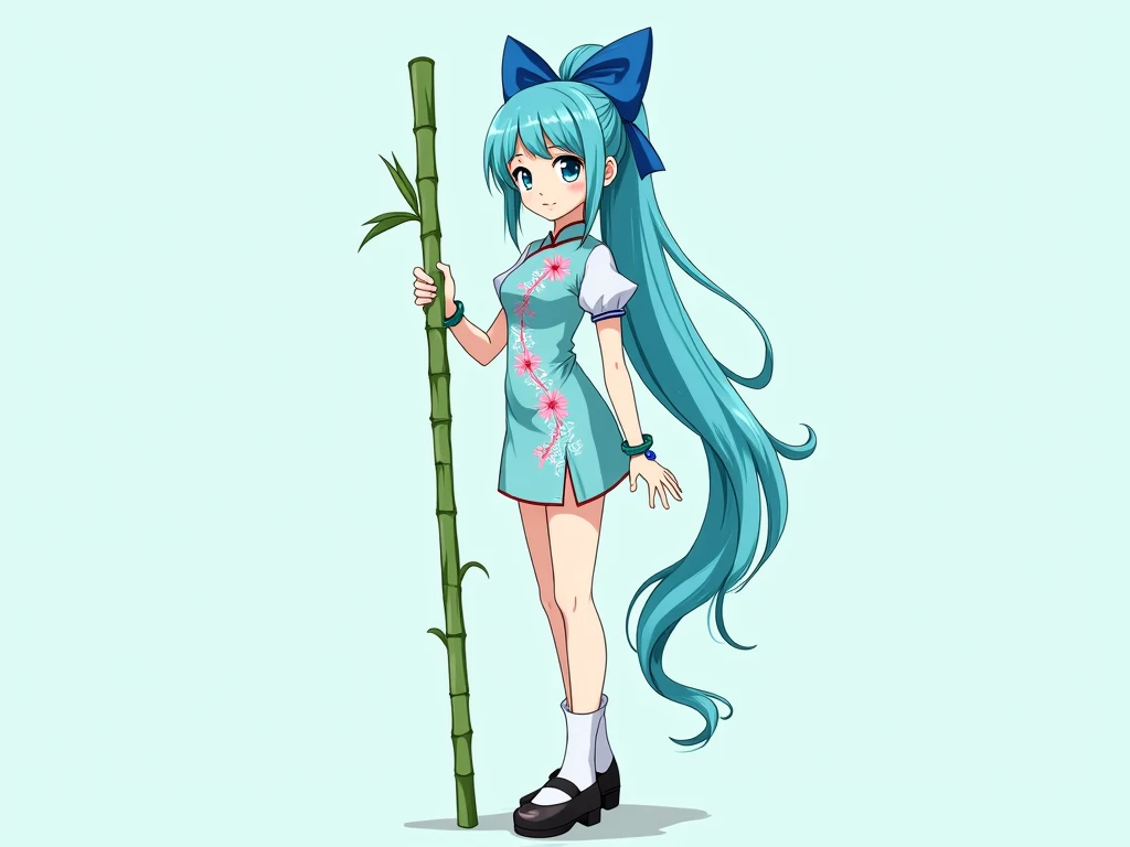 anime girl with blue bow on the back of her head long sky blue long ponytail hair blue eyes aquamarine short sleeve cheongsam with pink vine pattern green bracelet with aquamarine stone on left wrist beach sock0s and shoes holding green bamboo staff with A...