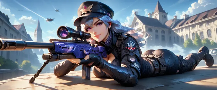 ultra-detailed, 1girl, solo, ((masterpiece)), (best quality), (highres), 16K, purple eyes, silver hair, long hair, cap, wearing tactical clothes, fingerless gloves, tactical belt, knee pads, black panties, thighhighs, boots, busty body, large breasts and a...