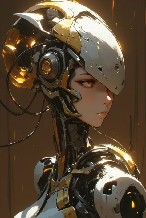 ((Reaction shot angle)), Nier Automata, android, stylized with geometric and futuristic lines, silver and gold with ICE WHITE BACKGROUND, classic style of the period,