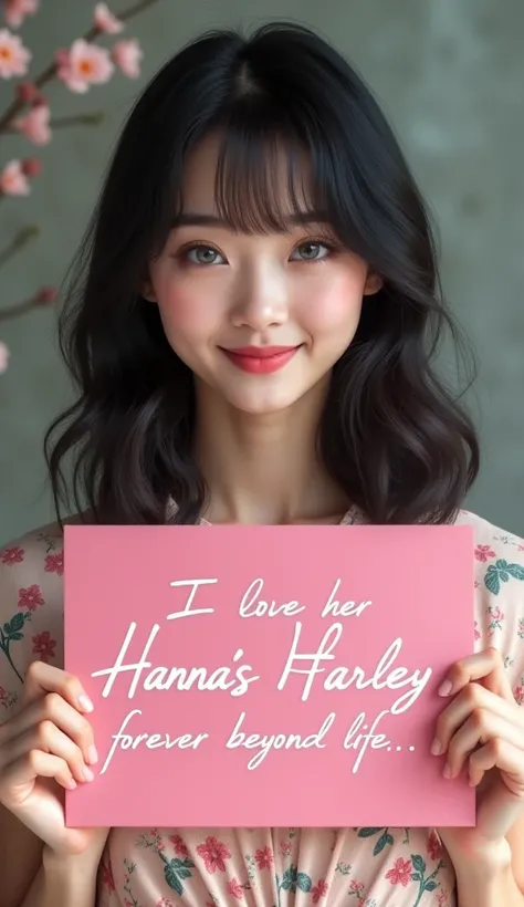 A beautiful Polish-Japanese woman  , 20 years,  with medium-short wavy hair black fringe ,  light blue eyes, a beautiful smile ,  showing the teeth , Wearing a chic floral dress ,  holding a pink sign with the text  " ,  I love her Hanna's Harley forever b...