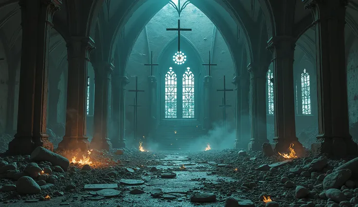  An area that appears to be an old temple or cathedral partially destroyed,  with broken stained glass windows and slanted crosses .  religious symbols  (cruzes, stars, circles)  appear distorted , some falling to the ground ,  others burning with a bluish...