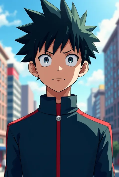 Man , light skin color , grey eyes , Black hair, wearing the My Hero Academia anime uniform